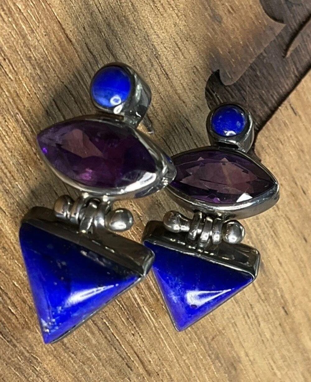 Vintage Sterling Silver Amethyst And Lapis Lazuli Modernist Dangle Drop Earrings